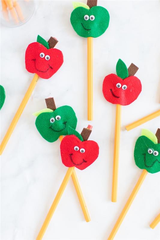 3 ila 5 yaş arası çocuklar için hareketli gözlü Deco keçeli elma kalemi örneği kolay manuel aktivite