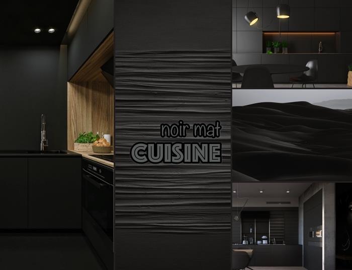 siyah ve ahşap mutfak düzeni ipuçları, modern l şeklinde mutfak tasarımı, koyu renklerde lineer mutfak dekoru
