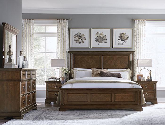 vintage dekoracija spalnice, klasičen dekor za spalnico za odrasle, leseno pohištvo in retro posteljnina