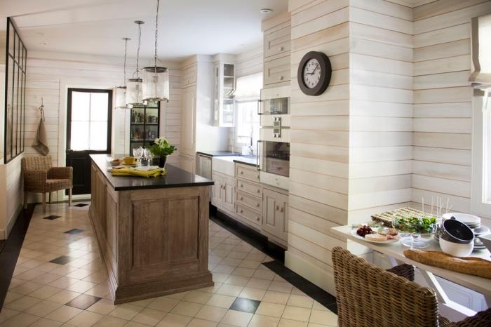 hafif duvar panelli retro şık stil iç tasarım, adalı mutfak dekoru, retro şık yer karosu deseni