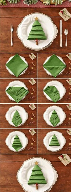 Kalėdų centras, žalios servetėlės ​​sulankstymas medžio pavidalu lėkštėje, kaip sudėti patiekalus per Kalėdų vakarienę