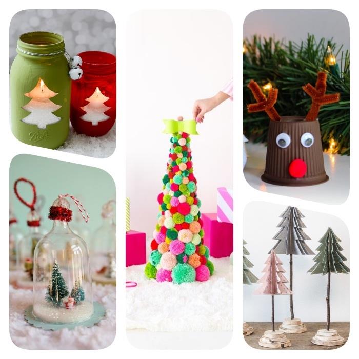 Kalėdų puošmena pasigaminti iš perdirbtų popierinių medžiagų, spalvingų pomponų, kalėdinio varpelio, stiklo indelio, popierinio puodelio