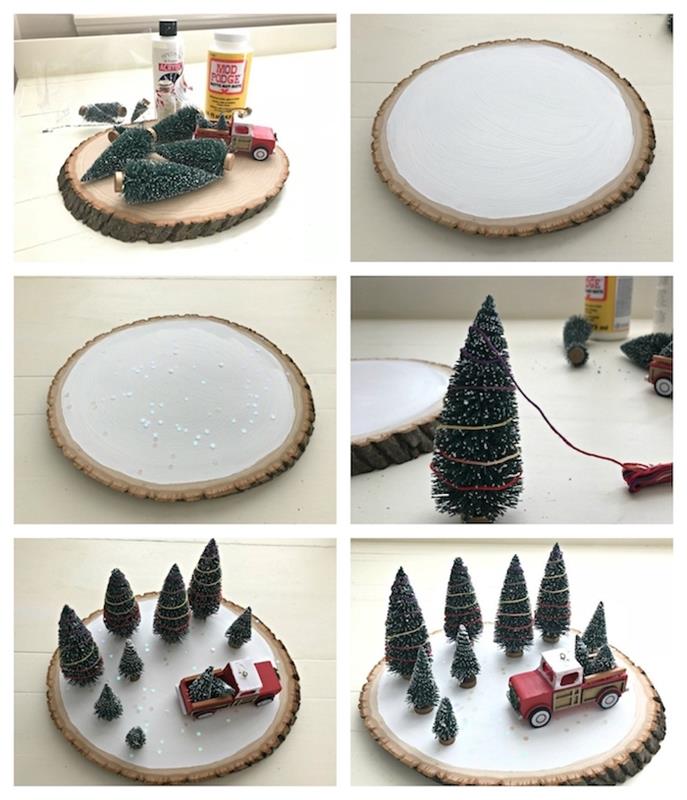 dekoratyvinė kalėdinė kompozicija, kalėdinis „pasidaryk pats“ suaugusiems, dekoratyvus medinis rąstas su eglutėmis ir sunkvežimio žaislinė figūrėlė