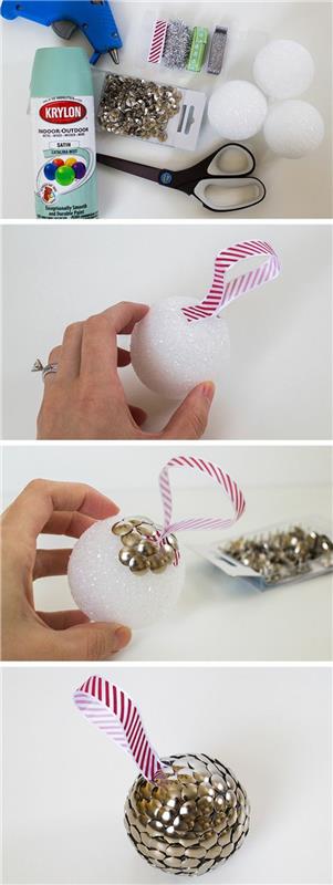 Kalėdinis papuošimas, kad būtų lengviau, kamuolys pakabinti ant eglutės, pagamintas iš baltos kempinės ir metalinių vinių, raudonai ir baltai dryžuotos juostelės, pakabinama puošmena