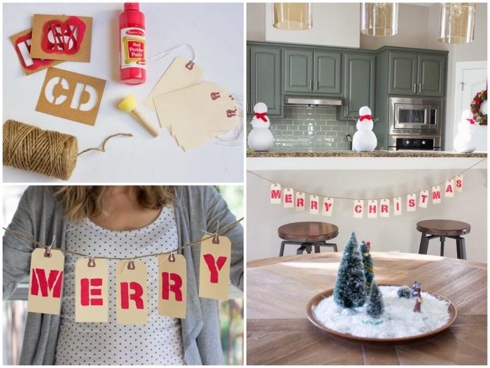 rankinė Kalėdų veikla su popieriumi, linksmų Kalėdų girlianda, pagaminta su individualizuotomis dovanų etiketėmis, pakabinta nuo centrinės virtuvės salos