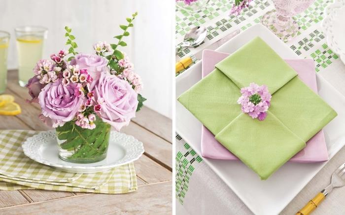 Tehnika zlaganja velikonočnih origami prtičkov, zeleni prtiček zložen v japonski kvadrat in položen na pastelno roza krožnik, pomladna dekoracija mize
