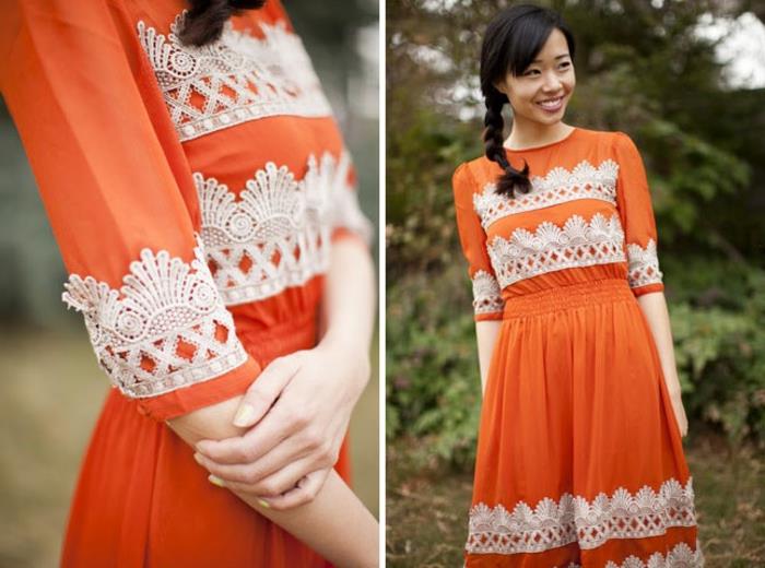oranžna obleka po meri deko čipke, ideja, kako si oblačilo prilagodite sami, primer