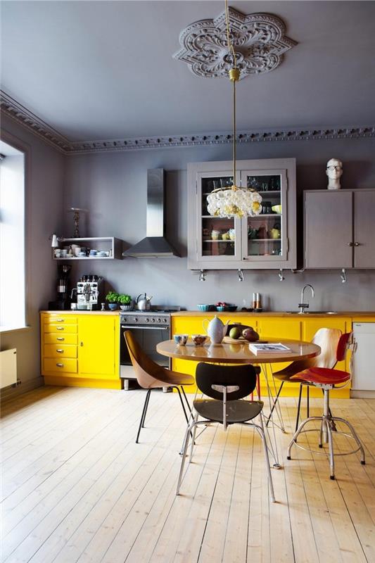 güzel asitli bir etki için eklektik gri ve sarı mutfak, gri ve sarı bir mutfağın duvarları için hangi renkler