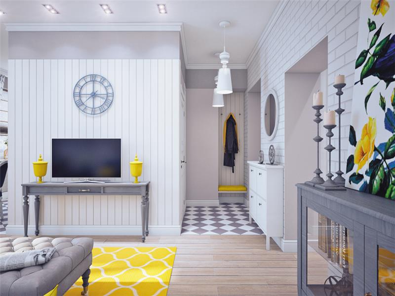 Beyaz ve gri, sarı ve mavi desenli İskandinav oturma odası, duvar resmi, eski tasarım saat, tv dolabı, gri avize