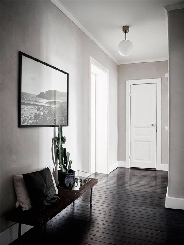 svetlo siva barva na stenah hodnika, ki se sklada s trezno in elegantno dekoracijo, ki je v nasprotju s temnimi tlemi