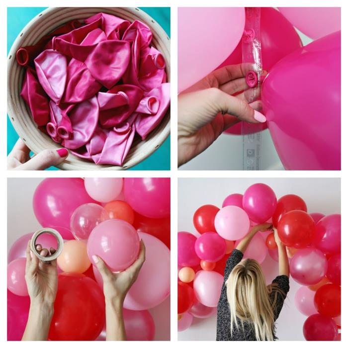 prie juostos pritvirtinti rožiniai helio balionai, latekso baliono sienos arka