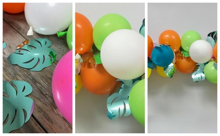 atogrąžų balionų girlianda su dideliais turkio spalvos popieriaus lapais ir plaukiojančiais balionais, vaiko gimtadienio dekoru