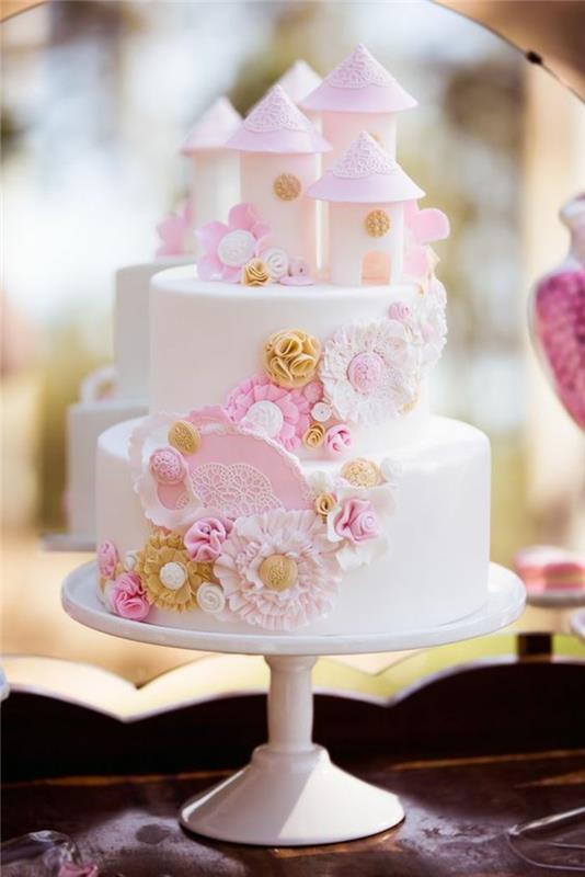 Princesės mergaitės gimtadienio tortas Princesės Pelenės tortas Dviejų pakopų baltas pyragas