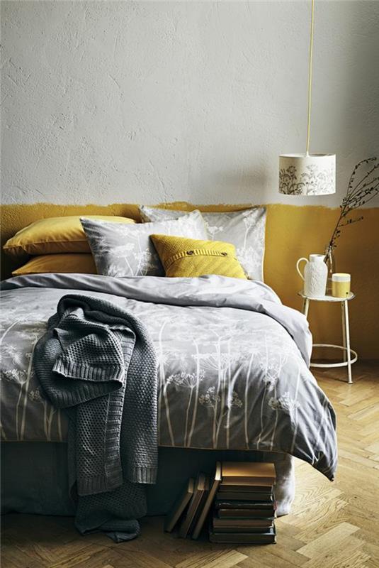 orijinal resimli gri ve hardal sarısı yatak odası, baskılı desenlerle gri ve hardal sarısı yatak takımı