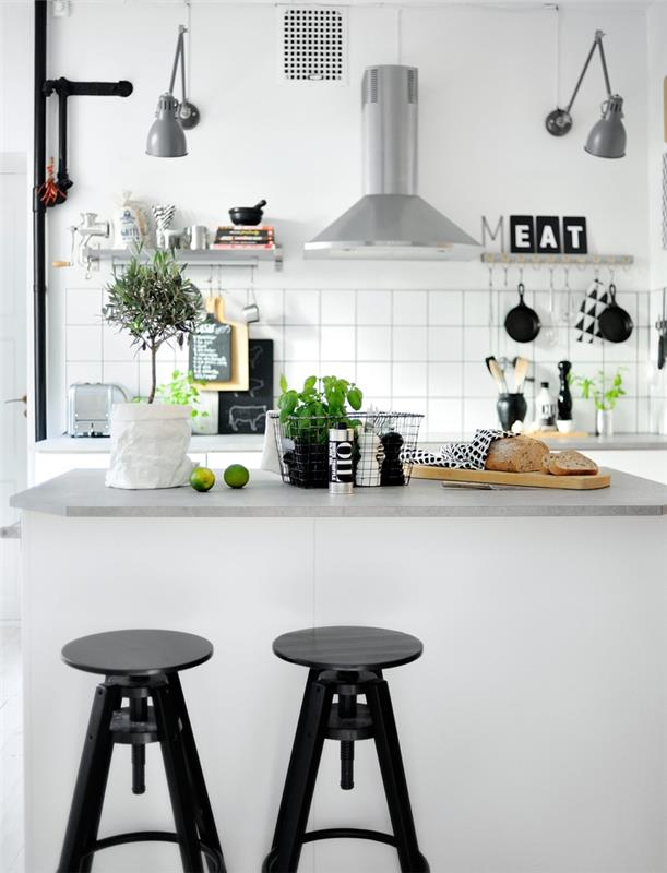 siyah beyaz modern İskandinav tasarımına ve endüstriyel dekor için tipik vurgulara sahip mutfak
