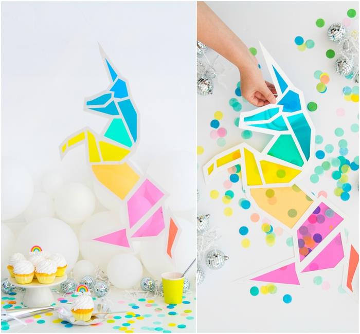 vitraž v obliki unicorn deco s pisanimi geometrijskimi vzorci, idealen za okrasitev vašega samopostrežnega bifeja na temo enorogov