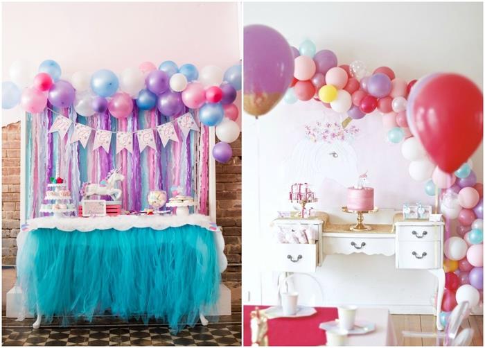 kako organizirati rojstni dan samoroga, ideja za barvito in izvirno kuliso v steni iz pasov in pastelnih balonov