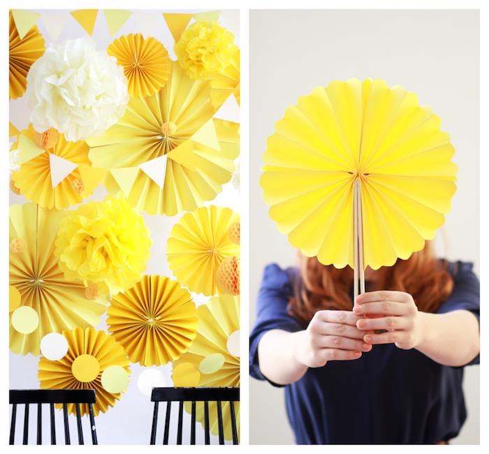 DIY okras za rojstni dan, rože iz papirnatega papirja in kitajski rumeni papirnati ventilator, enostavni za izdelavo