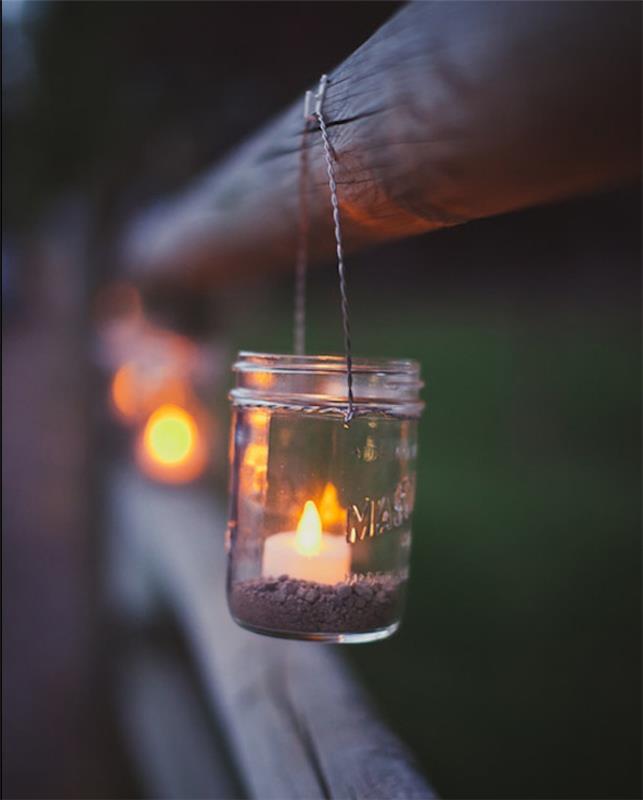 Poroka DIY, svetilke za izdelavo iz steklenih kozarcev z gramozom in svečami