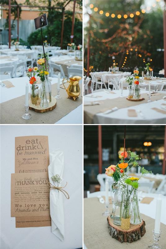 rustikalna elegantna poročna dekoracija, lesena podložka s cvetjem, razporejenimi v steklenicah in kozarcih, meni, tekač za mizo