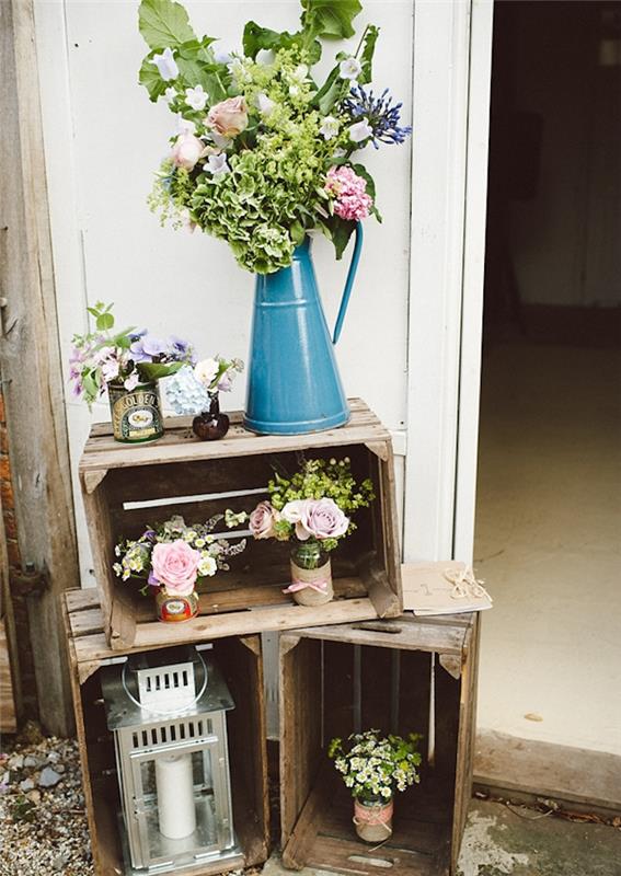poceni poročni deco, vintage cvetlična vaza modre barve, deco lesene škatle, luterna in cvetlični lonci okras juta, trakovi