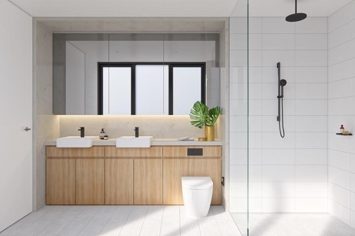 beyaz ve ahşap çift lavabolu banyo dolabı, modern banyo düzeni, mat siyah kaplamalı beyaz karo duşakabin