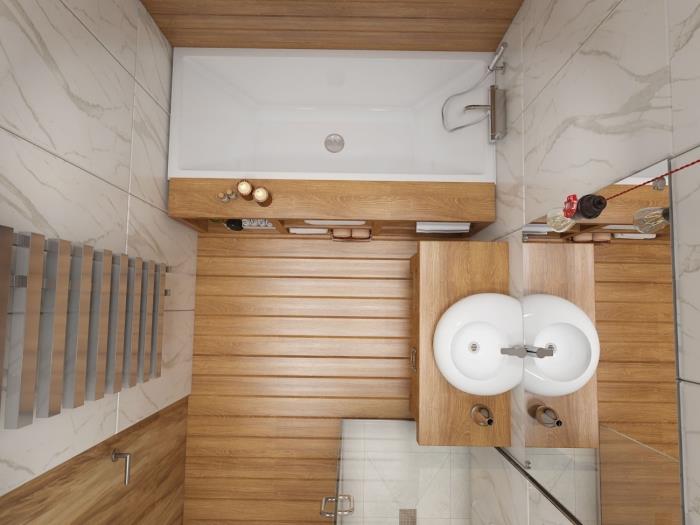 majhna kopalnica s sodobnim dizajnom z belimi in sivimi marmornimi stenskimi ploščicami ter stensko oblogo in svetlim lesenim podom