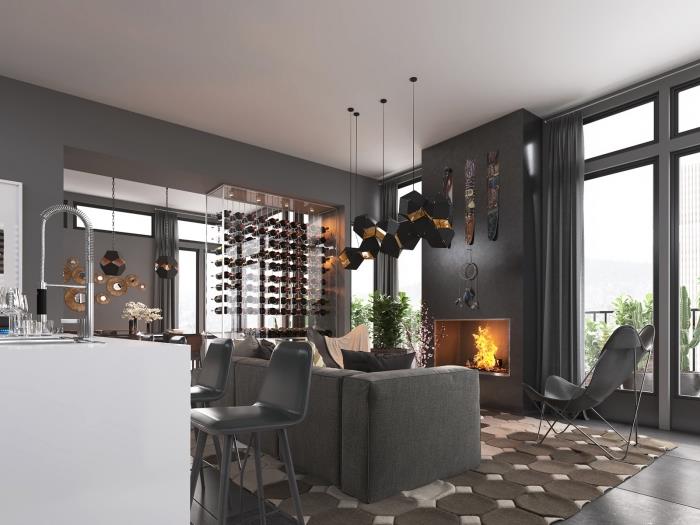 gri tasarım mobilyalarla gri duvarlı ve beyaz tavanlı bir dairede modern ve endüstriyel tarzın karışımı