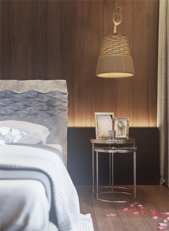 modernus suaugusiųjų miegamojo dizainas su metaline apdaila ir medžio akcentais, interjero dekoratyvinės sienų plokštės idėja