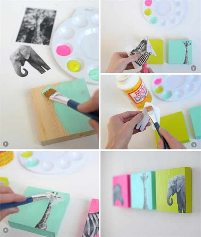 duvar çerçevesi, mavi boya fırçası, ahşap plaket, akrilik palet, diy duvar dekoru, fil çizimi