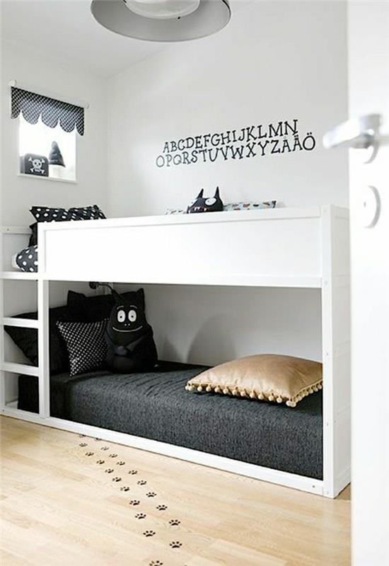 çocuk odası-yatak-beyaz-iç-beyaz-siyah-duvarlar-için-özgün-duvar-dekorasyonu