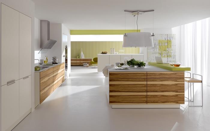 sodoben model notranje opreme v veliki in odprti kuhinji, opremljeni z belim in lesenim osrednjim otokom