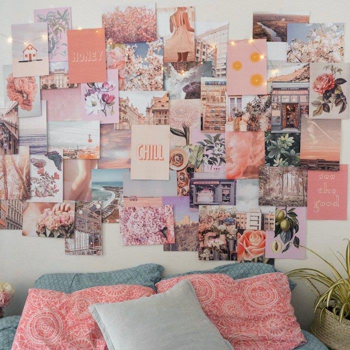 Rožinis persikas ant sienos bohemiško stiliaus miegamojo „tumblr“ įkvėpimas, kūrybinga tapybos idėja, motyvuojanti kažką daryti