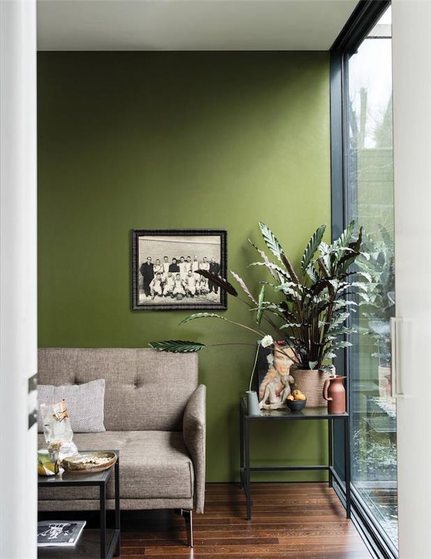 madinga sienų apdaila žalios alyvuogių spalvos siena su ruda sofa ir žaliais augalais šalia didelio lango