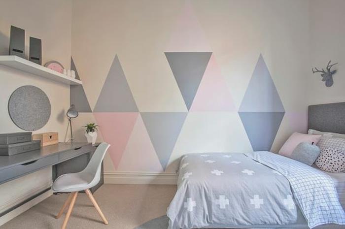 dekoracija spalnice za dekleta, siva postelja, roza, sivo -belo posteljnina, siva miza, skandinavski stol