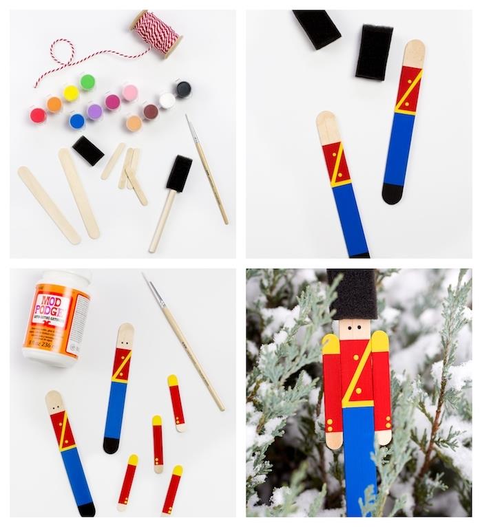kareivis ledų lazdelėse, surinktas ir nuspalvintas „pasidaryk pats“ dažais, „pasidaryk pats“ eglutės papuošalo idėja, vaikų darželio kalėdinė puošmena