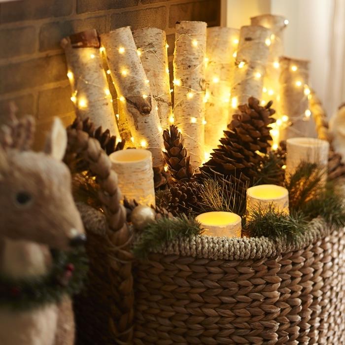 kolay ev Noel süsleri led mumlarla dolu dokuma sepet ışık çelenk çam kozalakları ahşap dallar