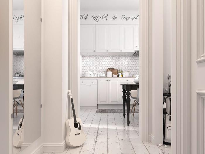 opremljena kuhinja, postavitev kuhinje v belem skandinavskem slogu, belo barvana lesena tla
