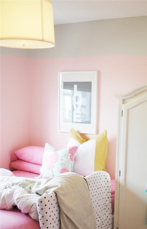 bir kız odası için ne renk, soluk pembe ve açık gri renklerde iki renkli boya ile duvar dekorasyonu