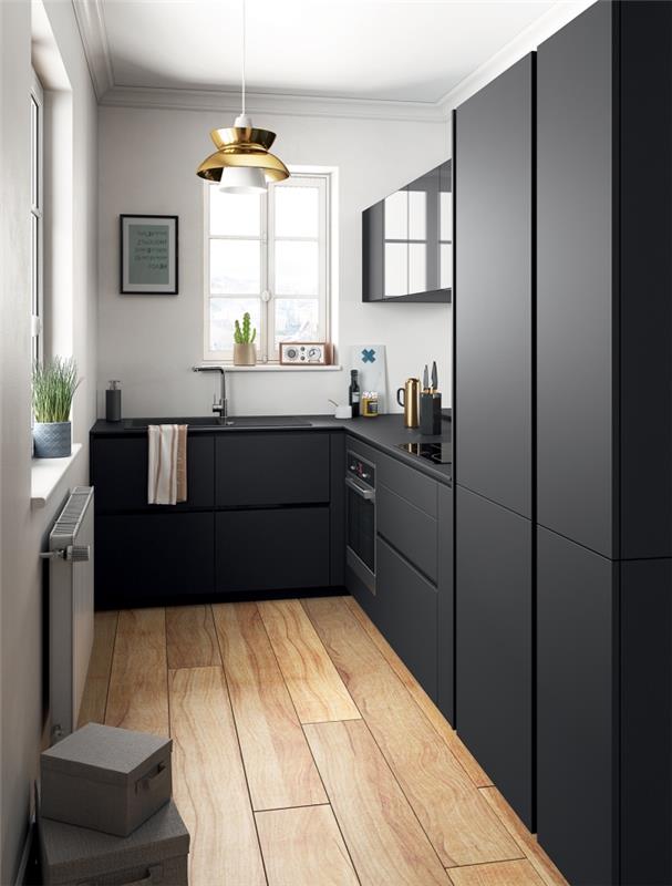 Sınırlı alan için l'de mutfak düzeni fikri, ahşap efektli zemine sahip küçük beyaz ve siyah mutfak tasarlayın