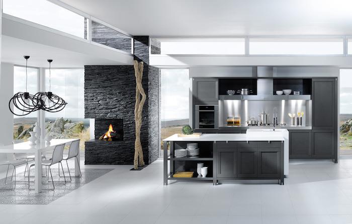 kömür grisi açık mutfak, modern beyaz ve gri iç dekorasyon ile oturma odası dekoru