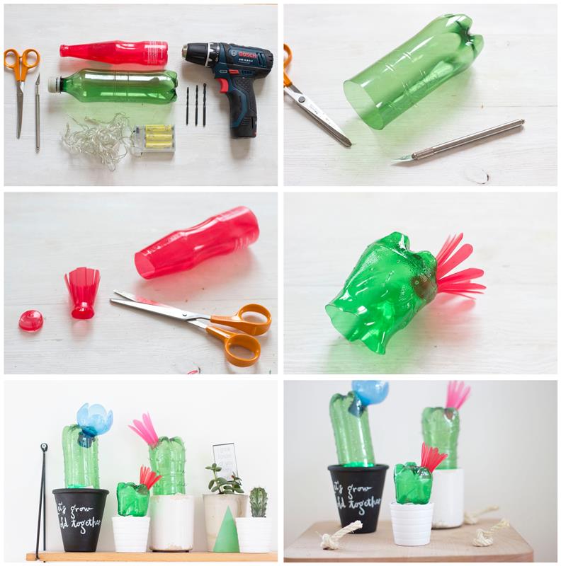 lengva pasidaryk pats su perdirbtu daiktu, kaktusais plastikiniuose buteliuose ir jų vazonuose