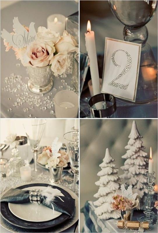 Küçük dekoratif ağaçlar, güller ve sahte kristaller ile stilize dekorasyon yapmak için Yılbaşı Gecesi dekoru