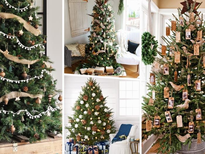 Beyaz bir oturma odasında rustik tarzda Noel ağacı, çam kozalakları ve ahşap figürinlerle süslenmiş doğal ağaç