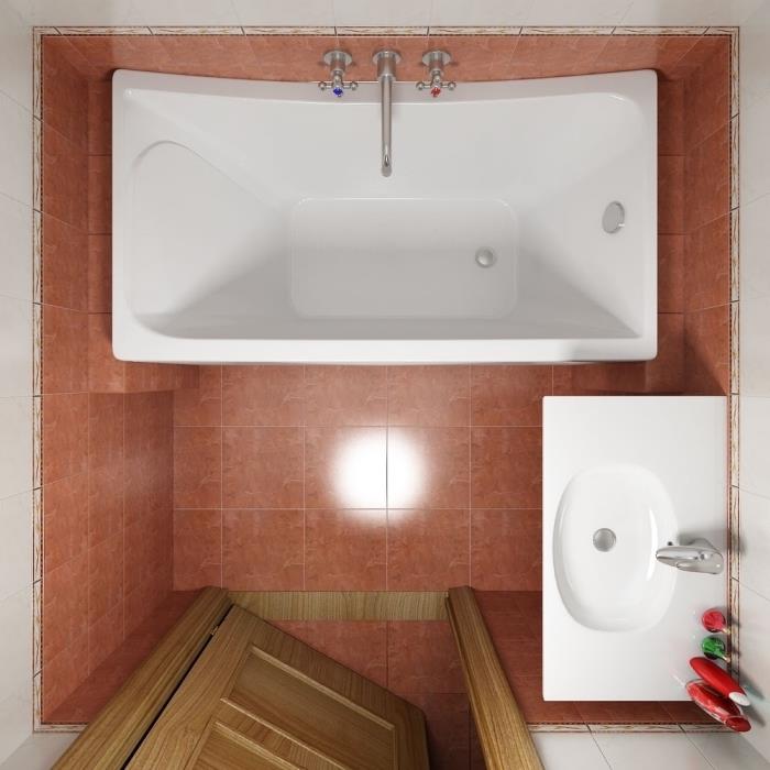 ideje za kopalniške barve za majhne prostore z belimi stenami in rjavimi ploščicami na tleh z belo kadjo