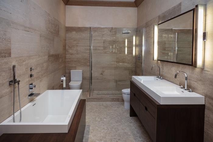 modern banyo, bej zemin, ahşap dolap üniteleri, çelik musluk