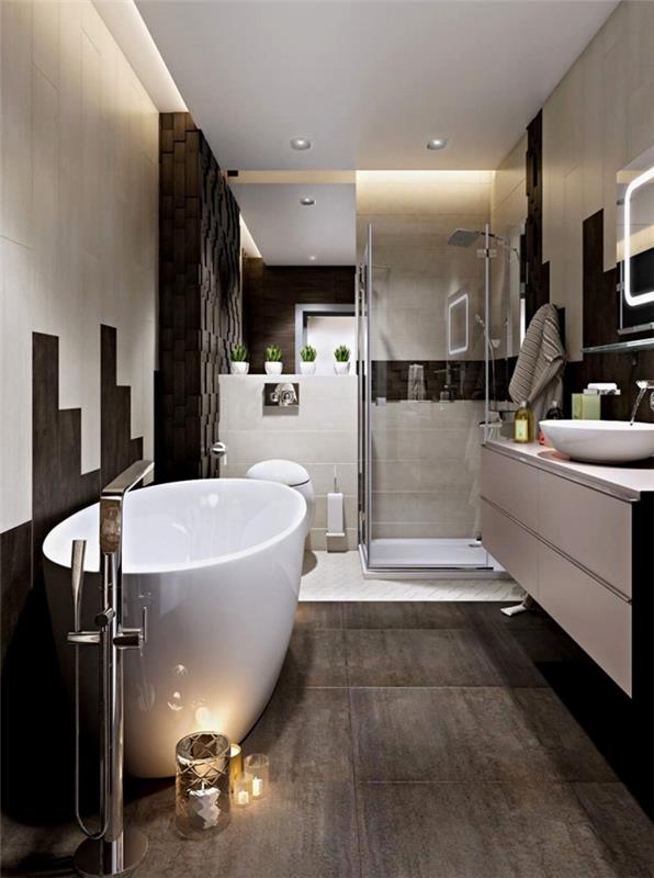 Modern banyo dekor mumlar koyu kiremit fayans beyaz lavabo altında kulpsuz dolap ayna led