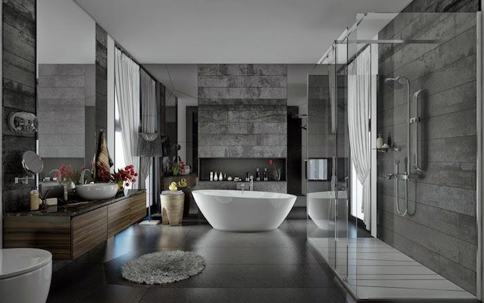 modern banyo, küçük gri halı, seramik klozet, gri duvarlar, beyaz tavan