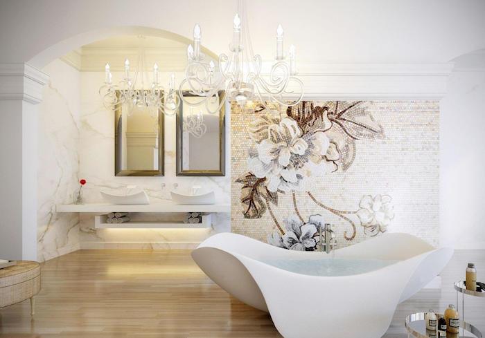 tasarımcı banyo, ahşap zemin, beyaz küvet, çiçek motifli ahlaki dekorasyon, alçı ile dekorasyon