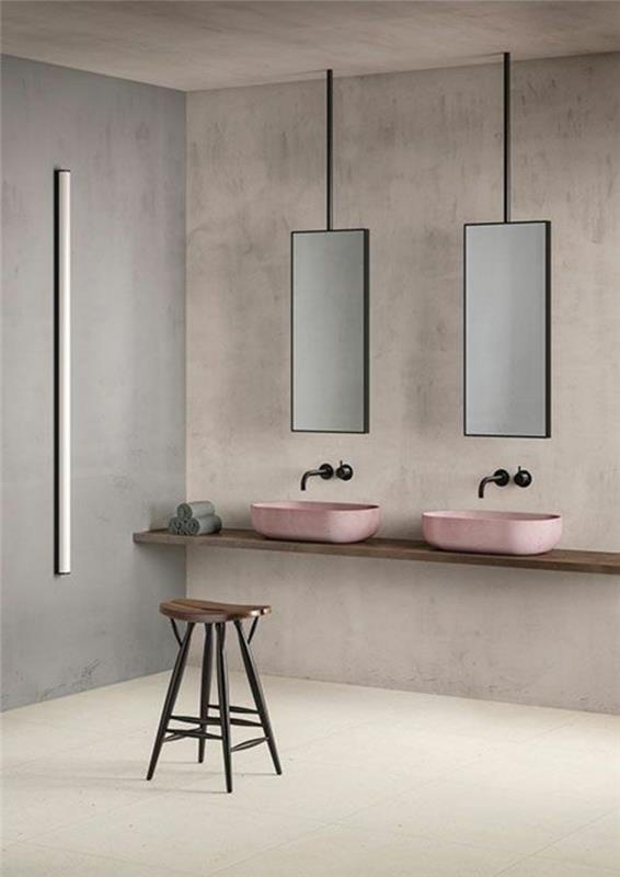 ideje za kopalnico, model kopalnice, dekor kopalnice zen, model kopalniških ploščic, svetlo sive stene, dva umivalnika v rožnati pravokotni obliki